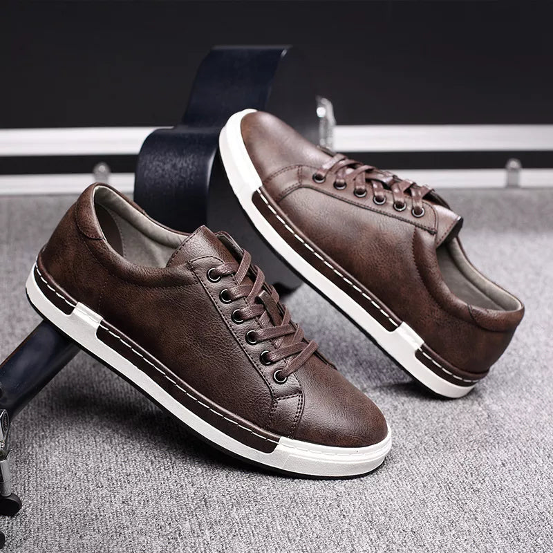 Brown leather lace-up sneakers for men with white sole and contrast stitching detail low-top casual shoes