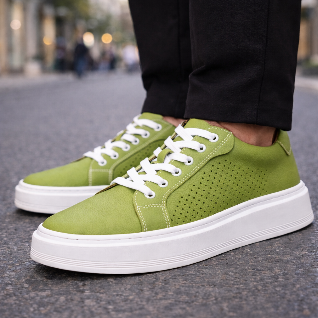 Men's green leather lace-up sneakers with perforated detail and white sole, paired with black trousers on a street.
