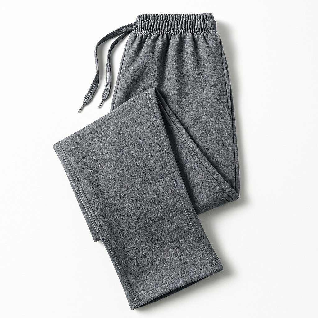 Gray men's cotton drawstring joggers with elastic waistband, folded flat on white background.