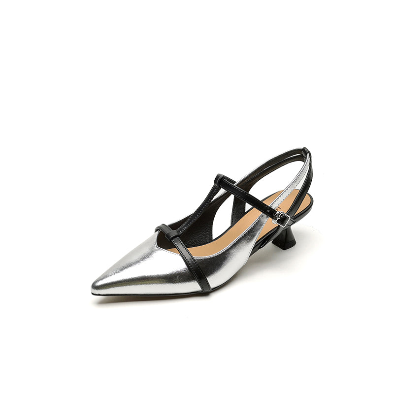 Silver and black pointed-toe T-strap slingback kitten heel sandals with buckle closure for women