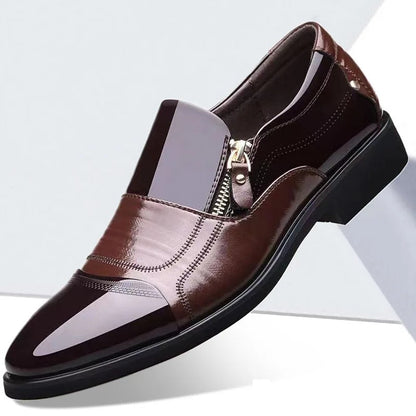 Brown patent leather slip-on loafers with side zipper detail and low block heel for women