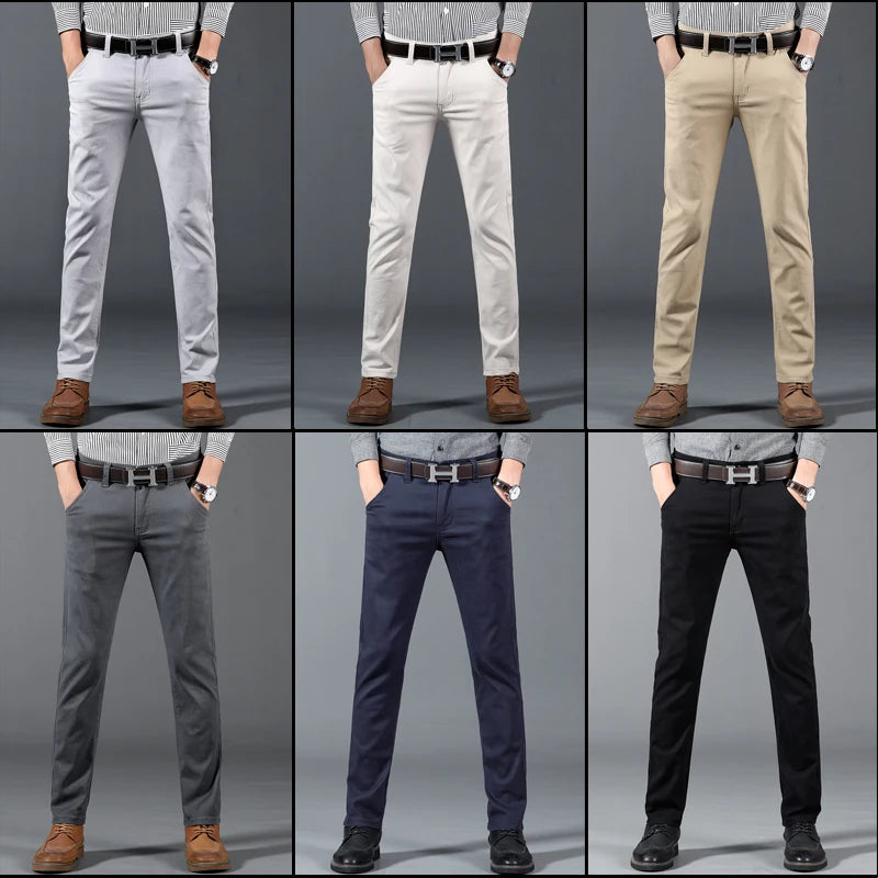 Men's slim-fit cotton dress pants shown in 6 colors: light gray, white, khaki, dark gray, navy, and black.