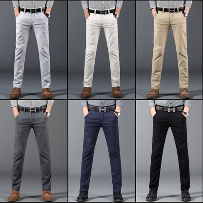 Men's slim-fit cotton dress pants shown in 6 colors: light gray, white, khaki, dark gray, navy, and black.