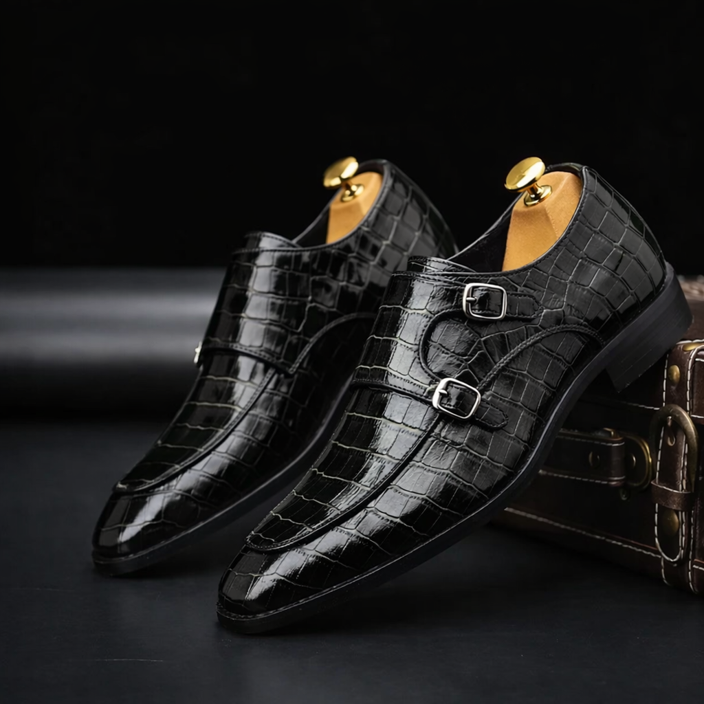 Black crocodile-embossed leather double monk strap dress shoes with silver buckles and pointed toe, displayed with shoe trees.