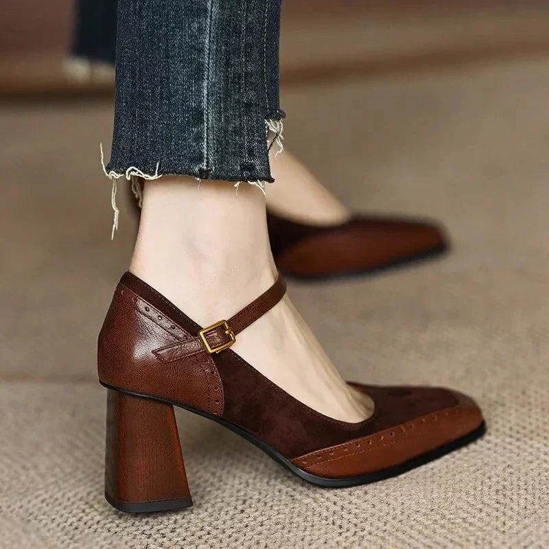 Women's brown leather square toe block heel pumps with ankle strap and frayed denim jeans