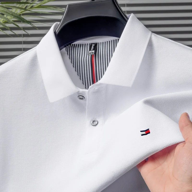 White cotton polo shirt for men with striped collar detail and embroidered logo on chest