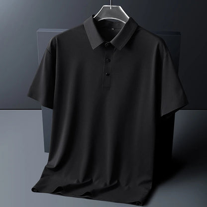 Black men's short sleeve polo shirt with collar and buttons, displayed on hanger against dark background