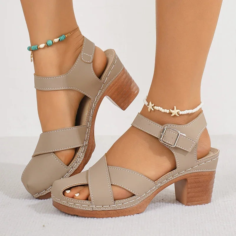 Women's beige block heel platform sandals with ankle strap buckle closure and cutout design