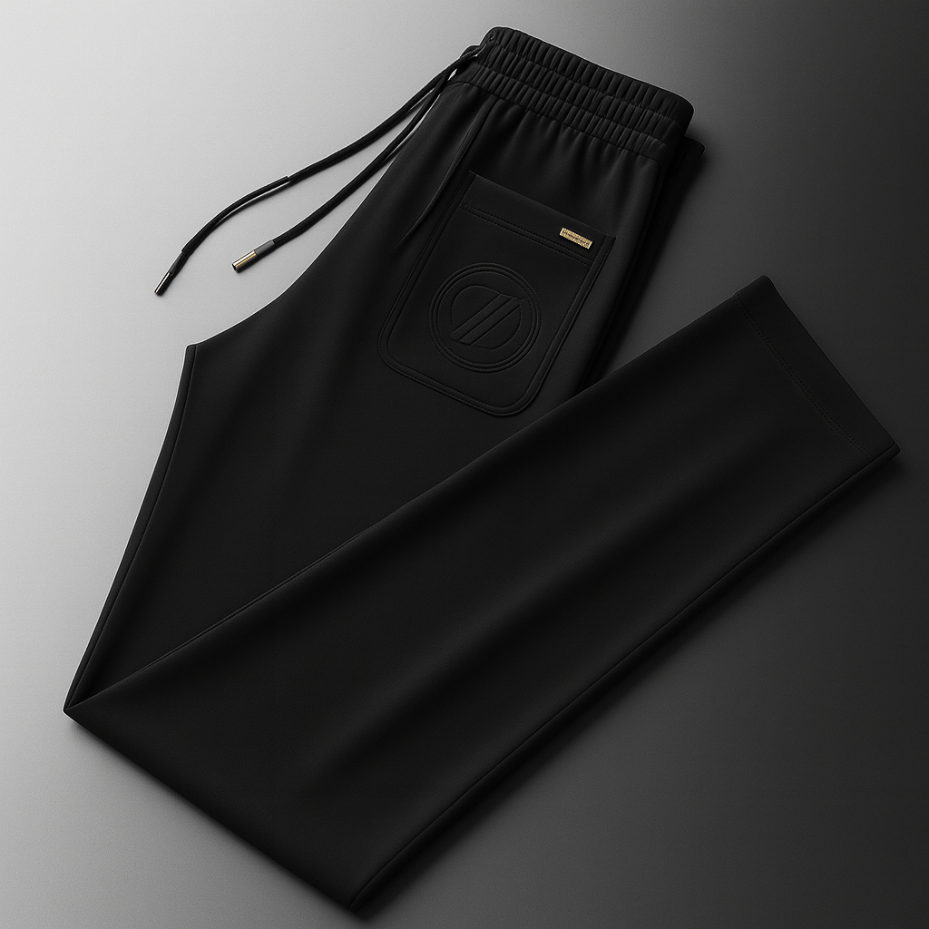 Black ice silk men's drawstring sweatpants with embossed logo pocket, elastic waistband, and gold hardware detail.