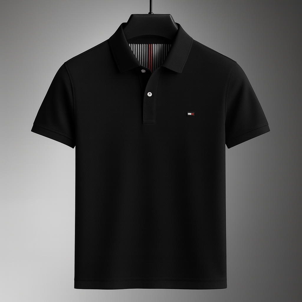 Black men's cotton polo shirt with short sleeves, button placket, folded collar, and small logo patch on chest, on hanger.