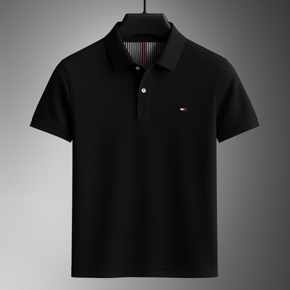 Black men's cotton polo shirt with short sleeves, button placket, folded collar, and small logo patch on chest, on hanger.