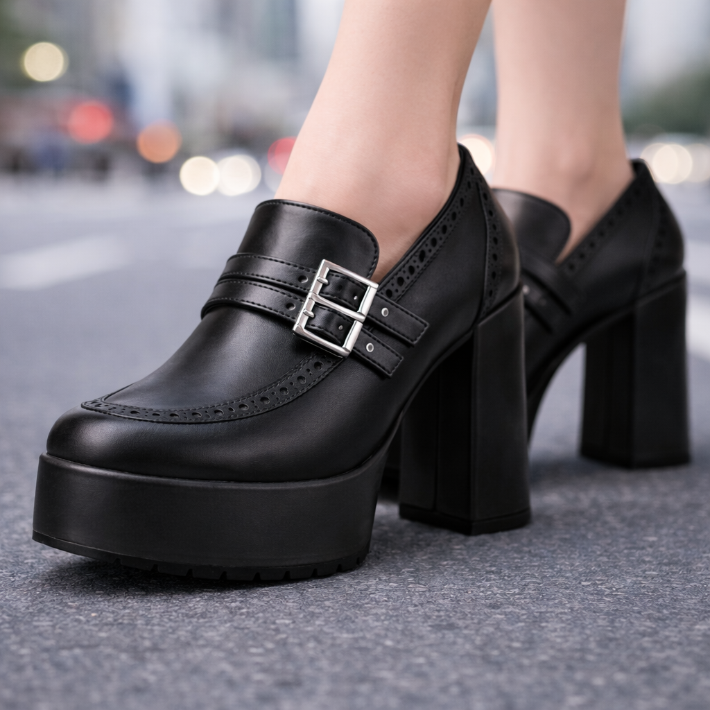 Black platform block heel loafers with double silver buckle straps and brogue detailing, worn on a city street.
