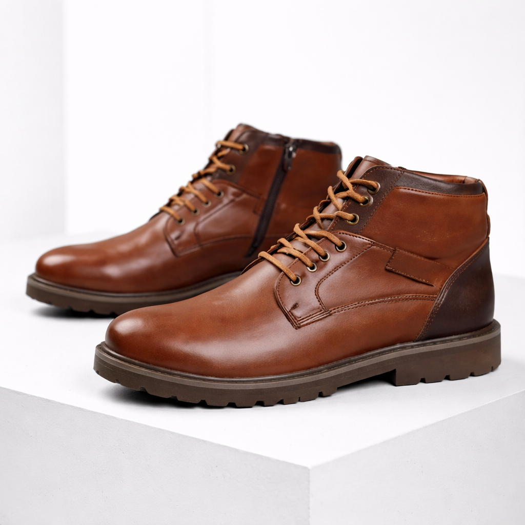 Brown leather lace-up ankle boots for men with rugged sole on white background
