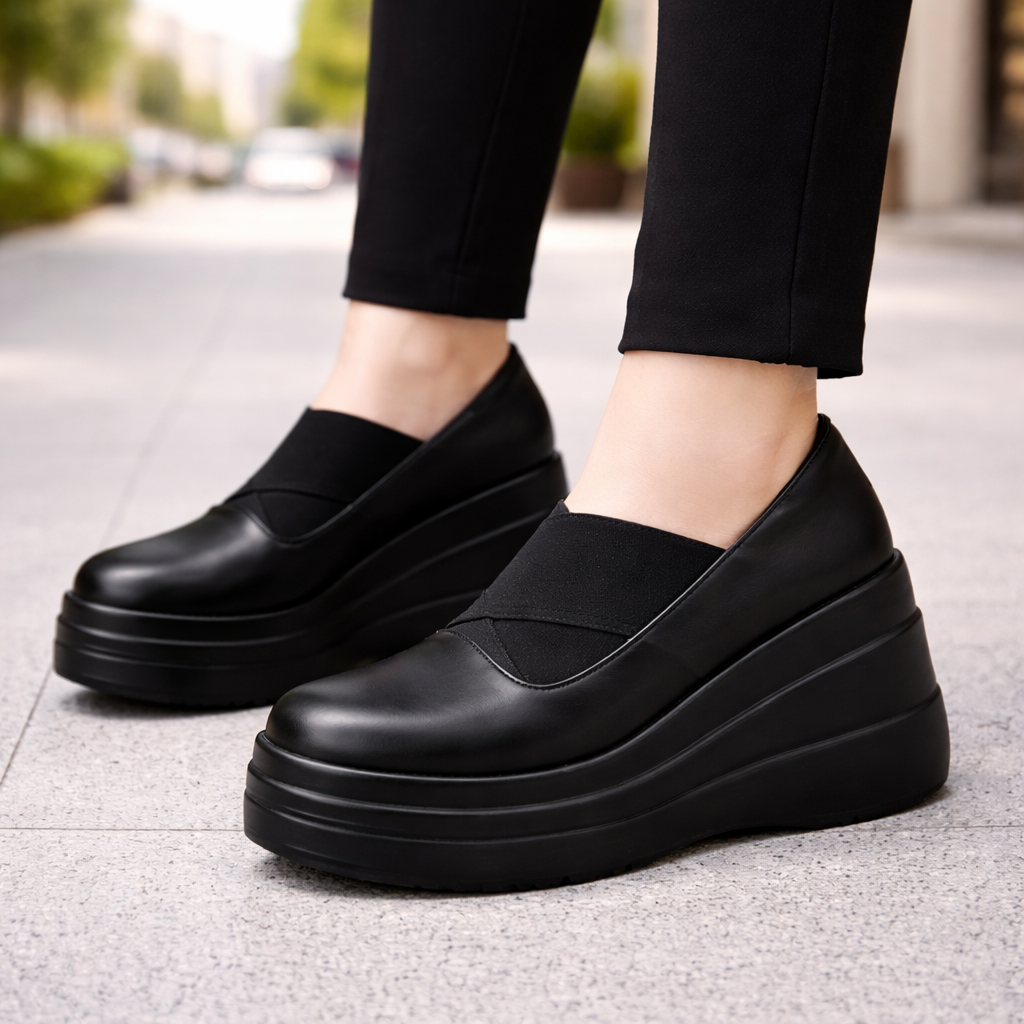 Women's black genuine leather orthopedic platform slip-on shoes with thick wedge sole, worn with black pants outdoors.