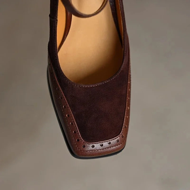 Dark brown suede and leather square toe block heel pumps with brogue detailing and ankle strap