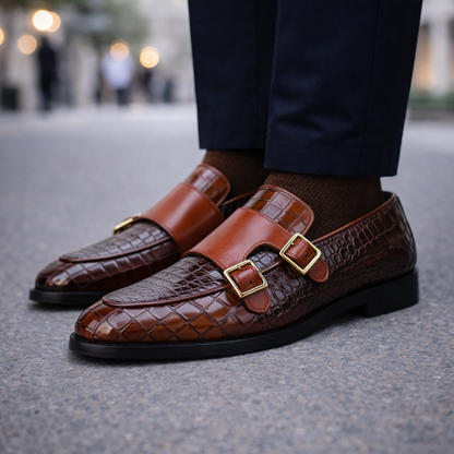 Brown croc-embossed leather monk strap loafers with gold buckles for men dress shoes formal footwear