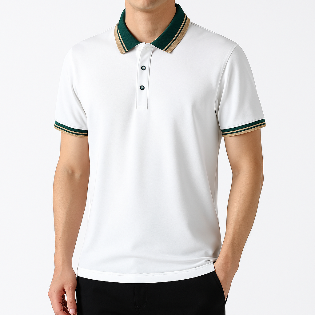 White men's polo shirt with green and tan striped collar and sleeve cuffs, two-button placket, short sleeves