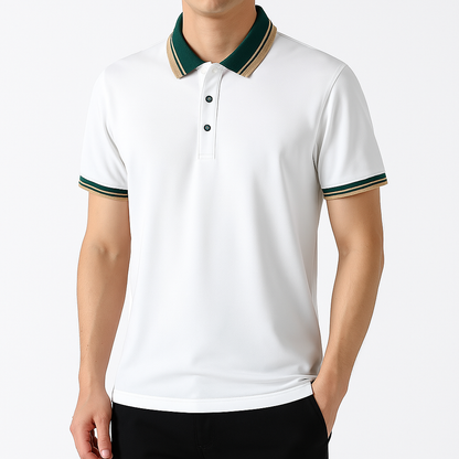 White men's polo shirt with green and tan striped collar and sleeve cuffs, two-button placket, short sleeves