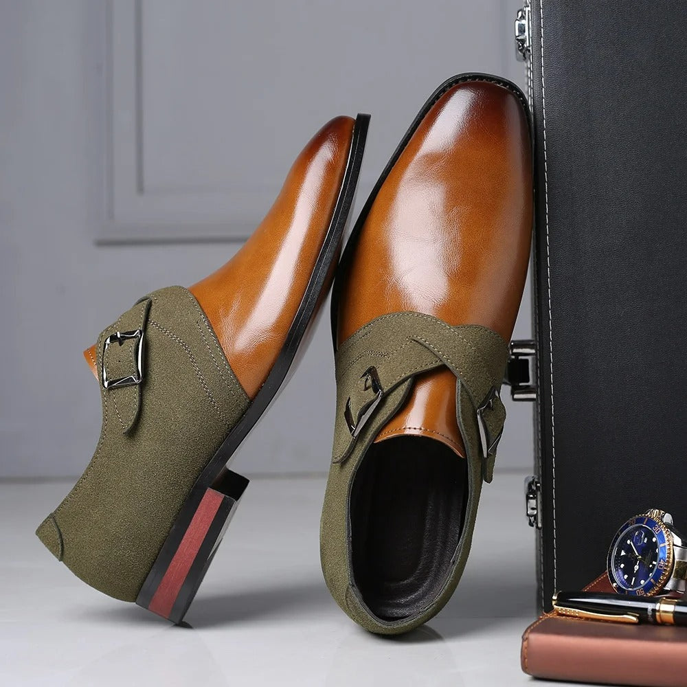 Men's brown leather loafers with olive green suede straps and double buckle detail dress shoes