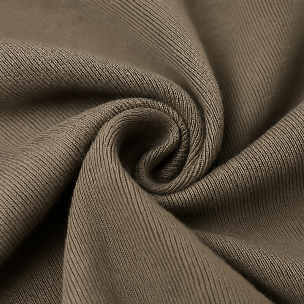 Close-up of olive brown ribbed cotton fabric with soft swirled folds, showcasing the texture of men's drawstring joggers.