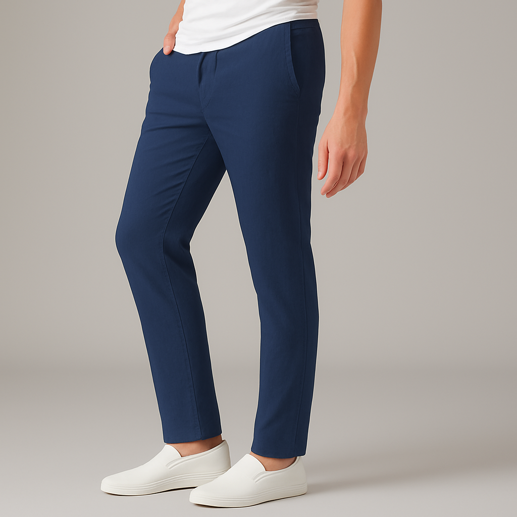 Man wearing navy blue slim-fit Verdan drawstring linen pants with white t-shirt and white slip-on sneakers