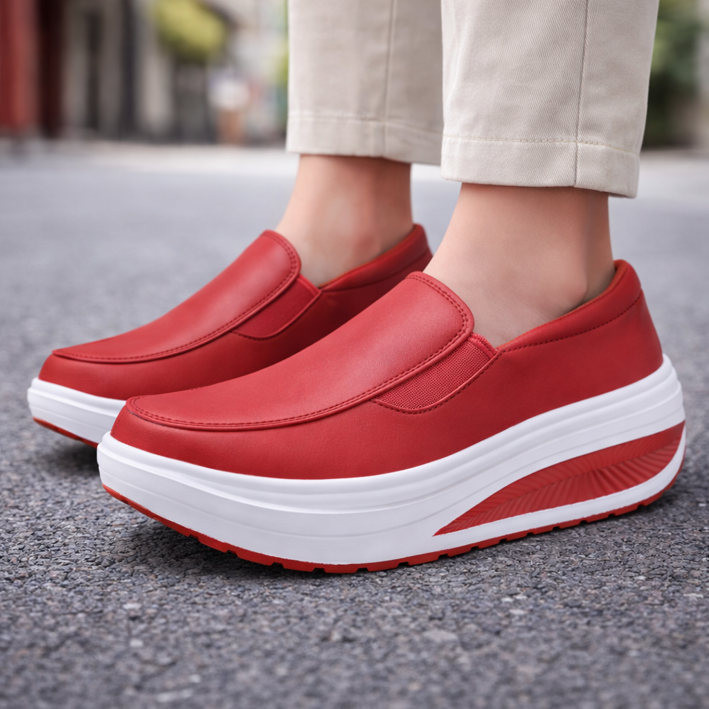 Red slip-on platform sneakers with thick white sole, worn with beige cropped pants on pavement.
