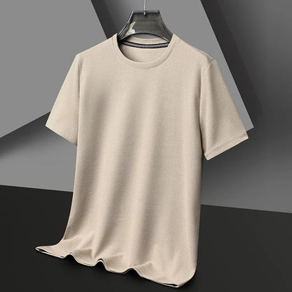 Beige waffle knit crewneck t-shirt for men on hanger with textured short sleeves and relaxed fit