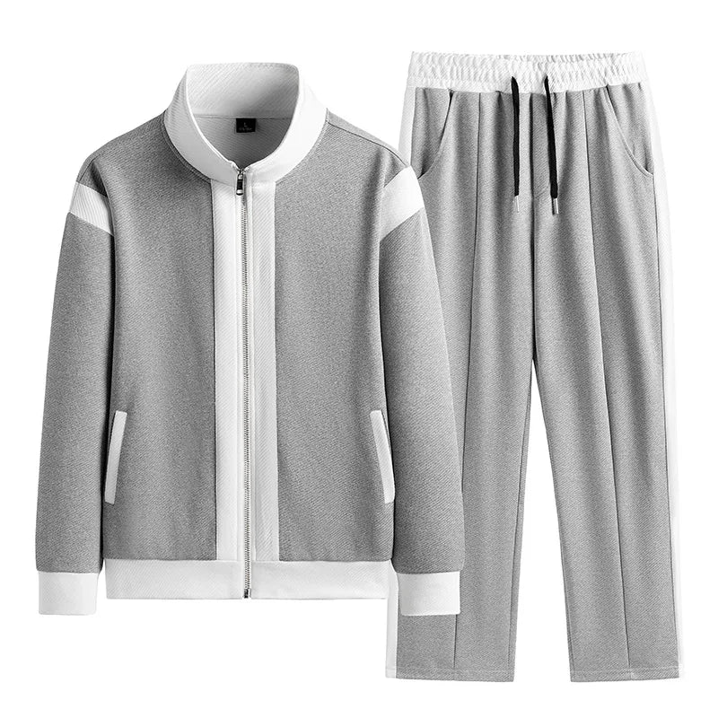 Men's Gray and White Color Block Full-Zip Tracksuit Jogger Set with Elastic Waistband
