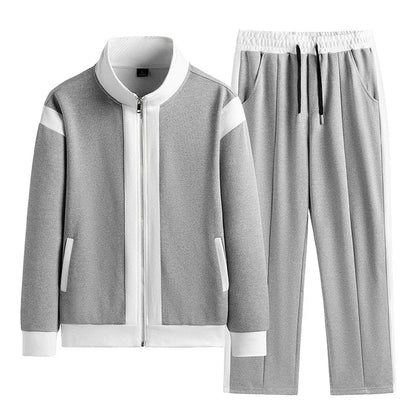 Men's Gray and White Color Block Full-Zip Tracksuit Jogger Set with Elastic Waistband