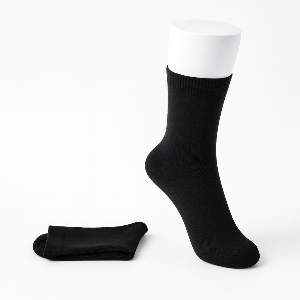 Black women's cashmere comfort crew socks shown on mannequin foot and flat, featuring ribbed cuff and reinforced toe.