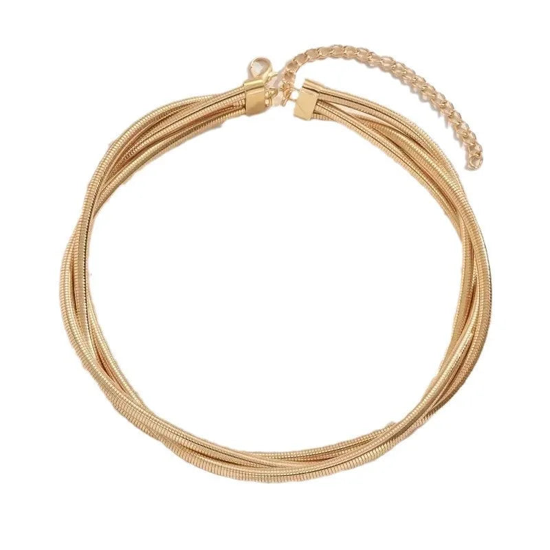 Gold multi-strand snake chain choker necklace with lobster clasp and adjustable extender chain