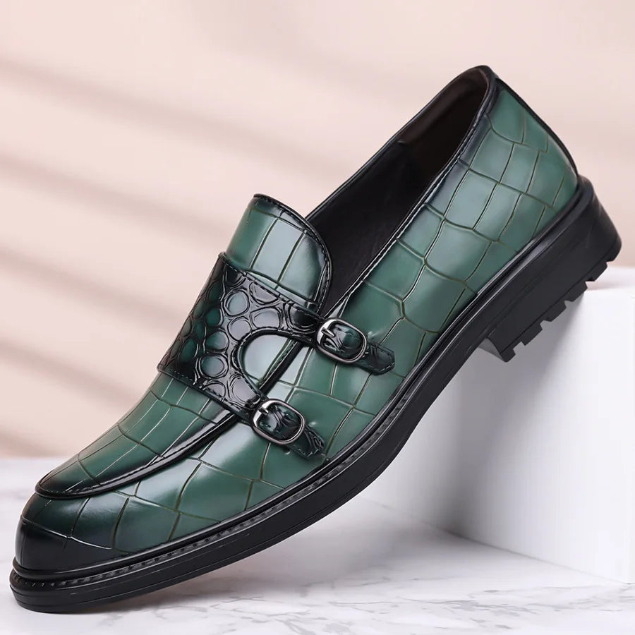 Green croc-embossed leather double monk strap loafers with silver buckles and chunky black rubber sole