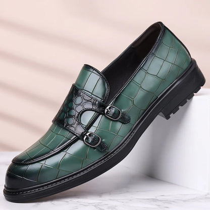 Green croc-embossed leather double monk strap loafers with silver buckles and chunky black rubber sole