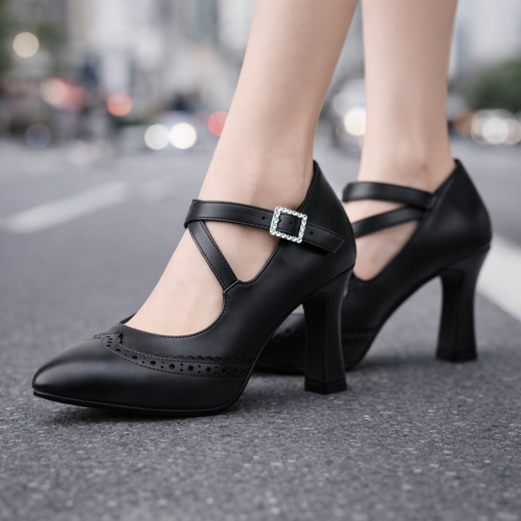 Black leather block heel pumps with T-strap, rhinestone buckle, brogue detailing, and pointed toe on woman's feet.