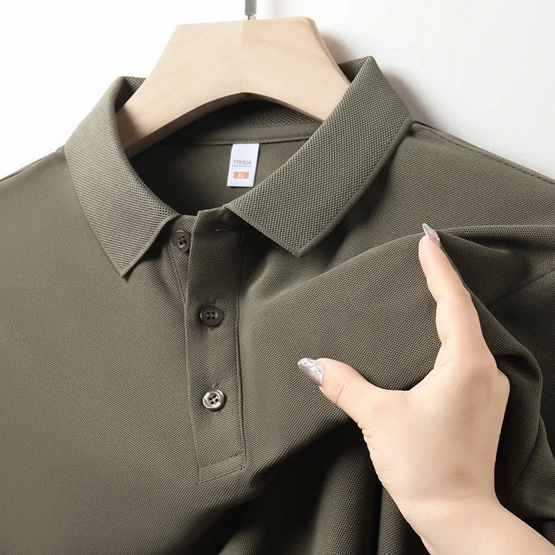 Army green men's cotton polo shirt on hanger, size XL, featuring button placket and classic collar, shown with fabric detail.