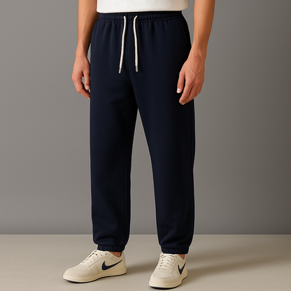 Navy blue men's cotton joggers with cream drawstring waistband, ribbed cuffs, paired with white Nike sneakers.