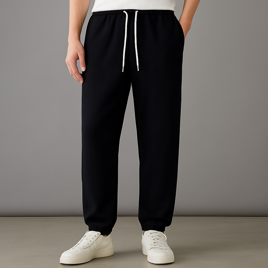 Black cotton drawstring joggers for men with elastic waist and white sneakers on gray background