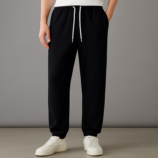 Black cotton drawstring joggers for men with elastic waist and white sneakers on gray background