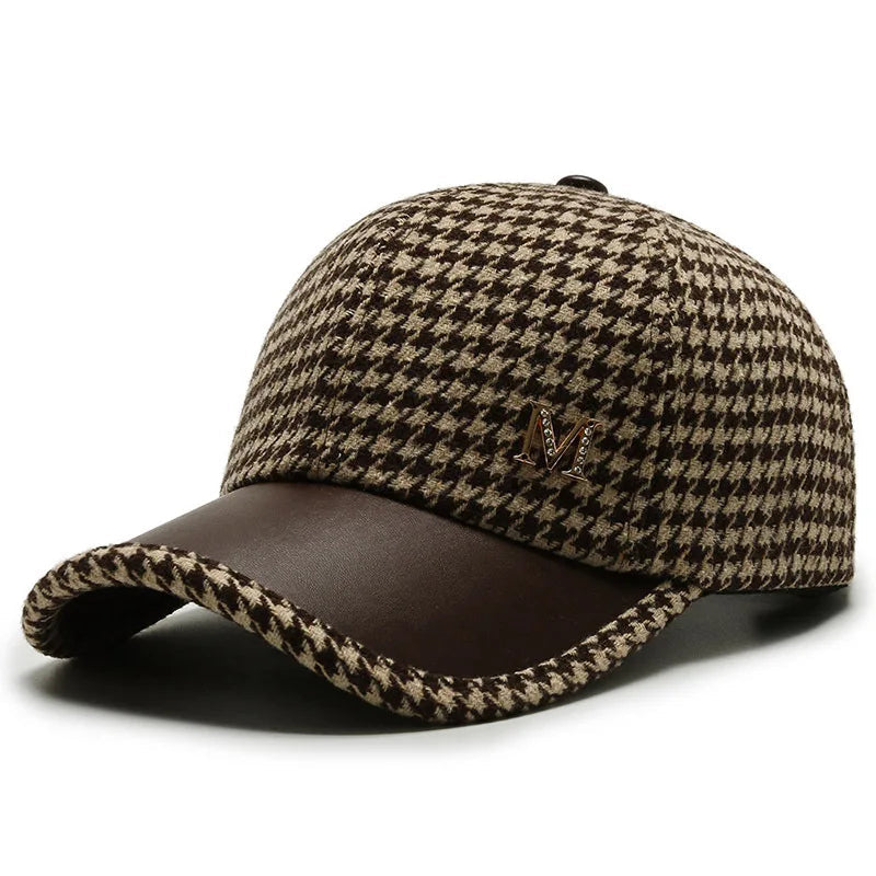 Houndstooth pattern baseball cap with brown leather brim and small metal logo for men