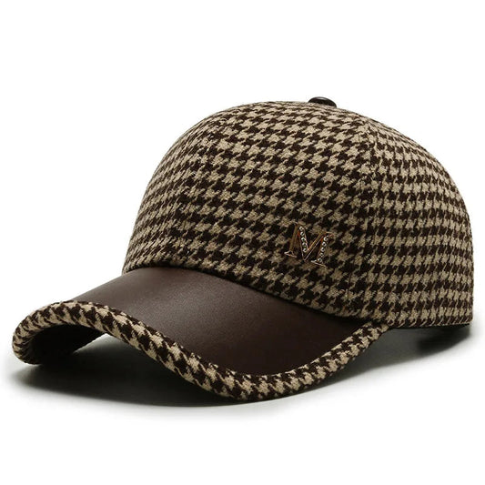 Houndstooth pattern baseball cap with brown leather brim and small metal logo for men