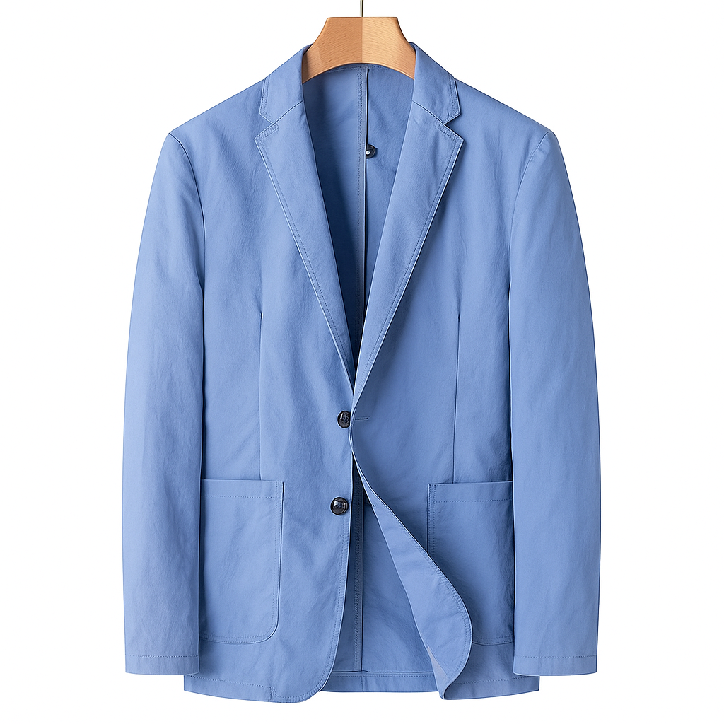 Light blue men's nylon two-button blazer with notch lapels and patch pockets, displayed on a wooden hanger.