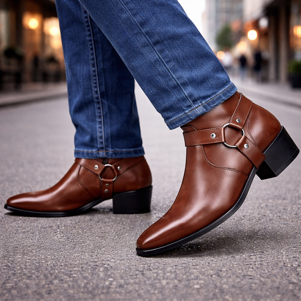 Brown leather men's harness ankle boots with silver ring detail and block heel, paired with blue jeans on city street.