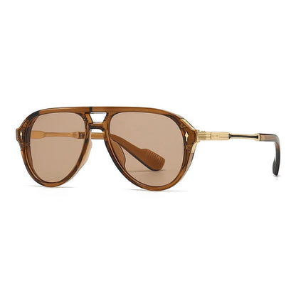 Brown transparent aviator sunglasses with gold metal temples and brown tinted lenses, retro vintage style for men