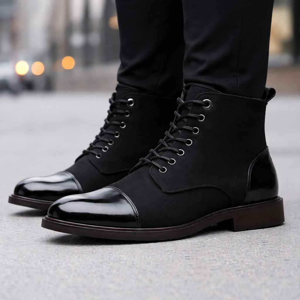Black men's lace-up ankle boots with glossy leather cap toe and matte upper, worn with black trousers on pavement.