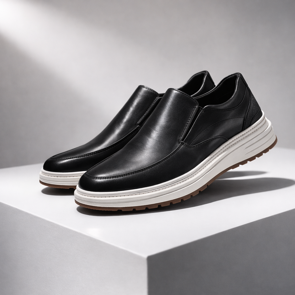 Black leather men's slip-on loafers with white platform sole and tan rubber outsole displayed on white pedestal