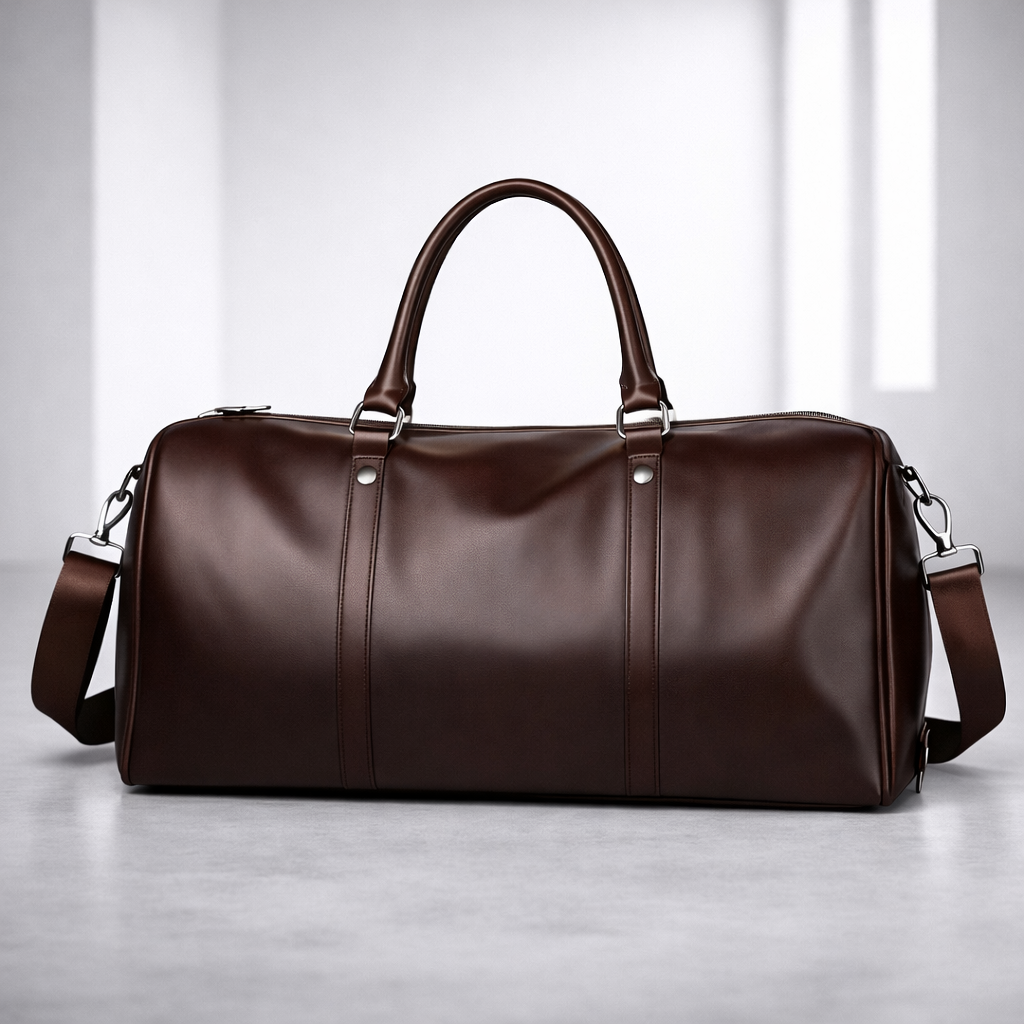 Dark brown full-grain leather duffle bag with dual handles and adjustable shoulder strap for men's travel