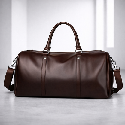 Dark brown full-grain leather duffle bag with dual handles and adjustable shoulder strap for men's travel