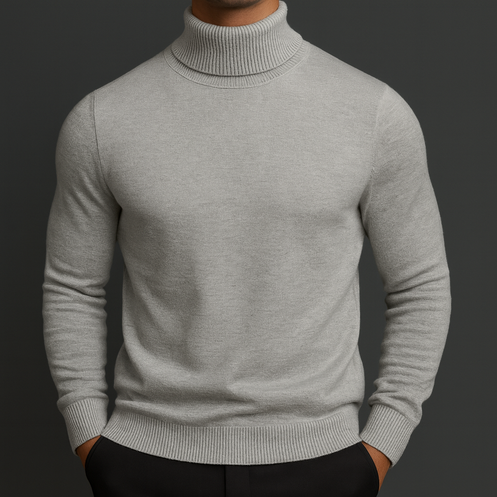 Men's light gray merino wool turtleneck sweater with ribbed collar, cuffs, and hem, slim fit, paired with black pants.