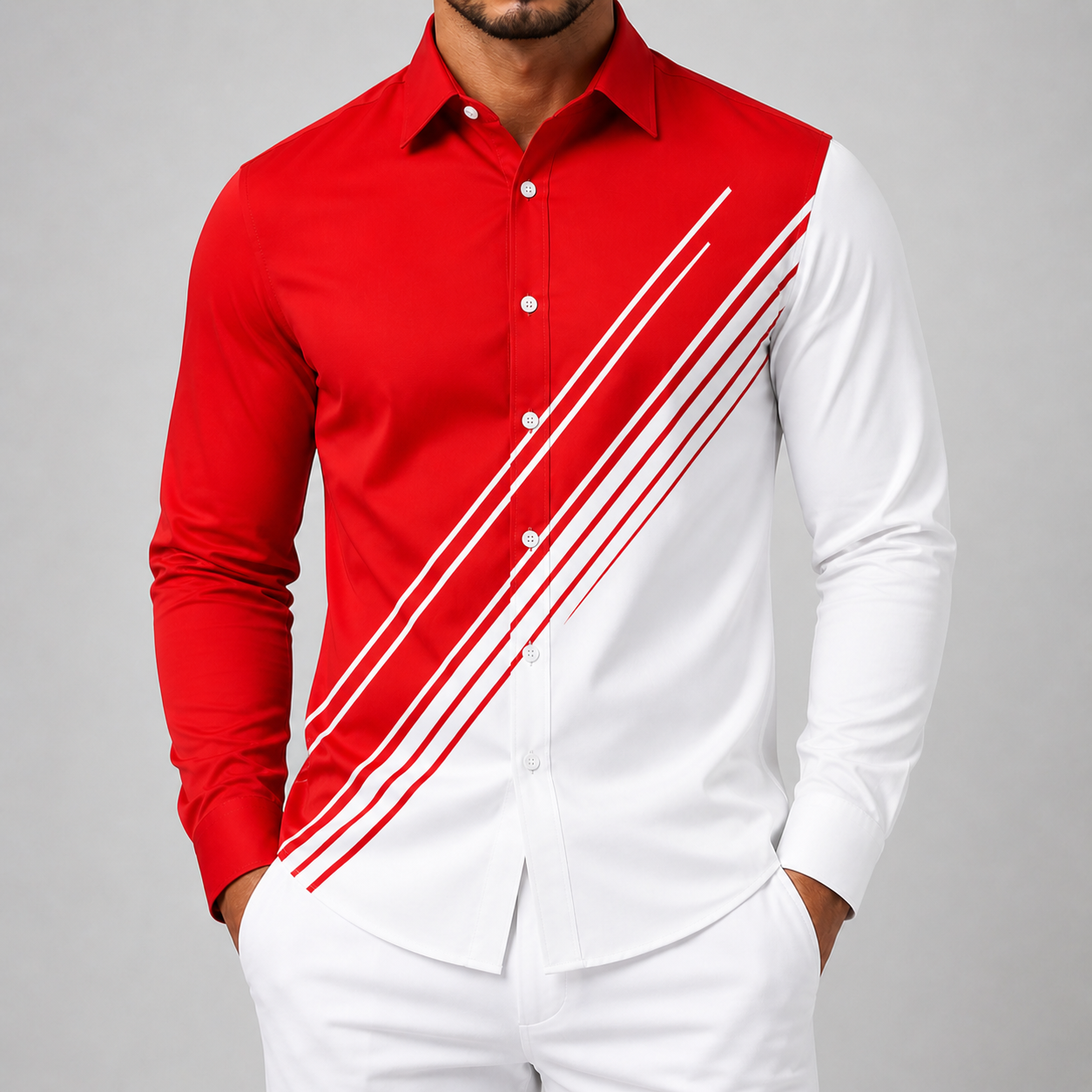 Men's red and white diagonal stripe button-up shirt with long sleeves and slim fit design on gray background