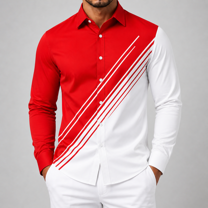 Men's red and white diagonal stripe button-up shirt with long sleeves and slim fit design on gray background